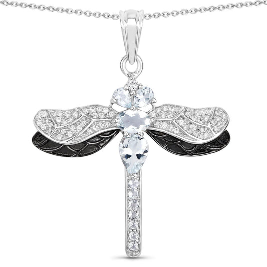 1.86 Ct Blue Aquamarine Prong Sterling Silver Dragonfly Pendant Cable Chain Necklace