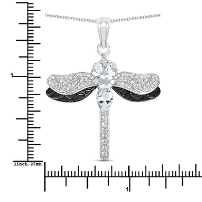 1.86 Ct Blue Aquamarine Prong Sterling Silver Dragonfly Pendant Cable Chain Necklace