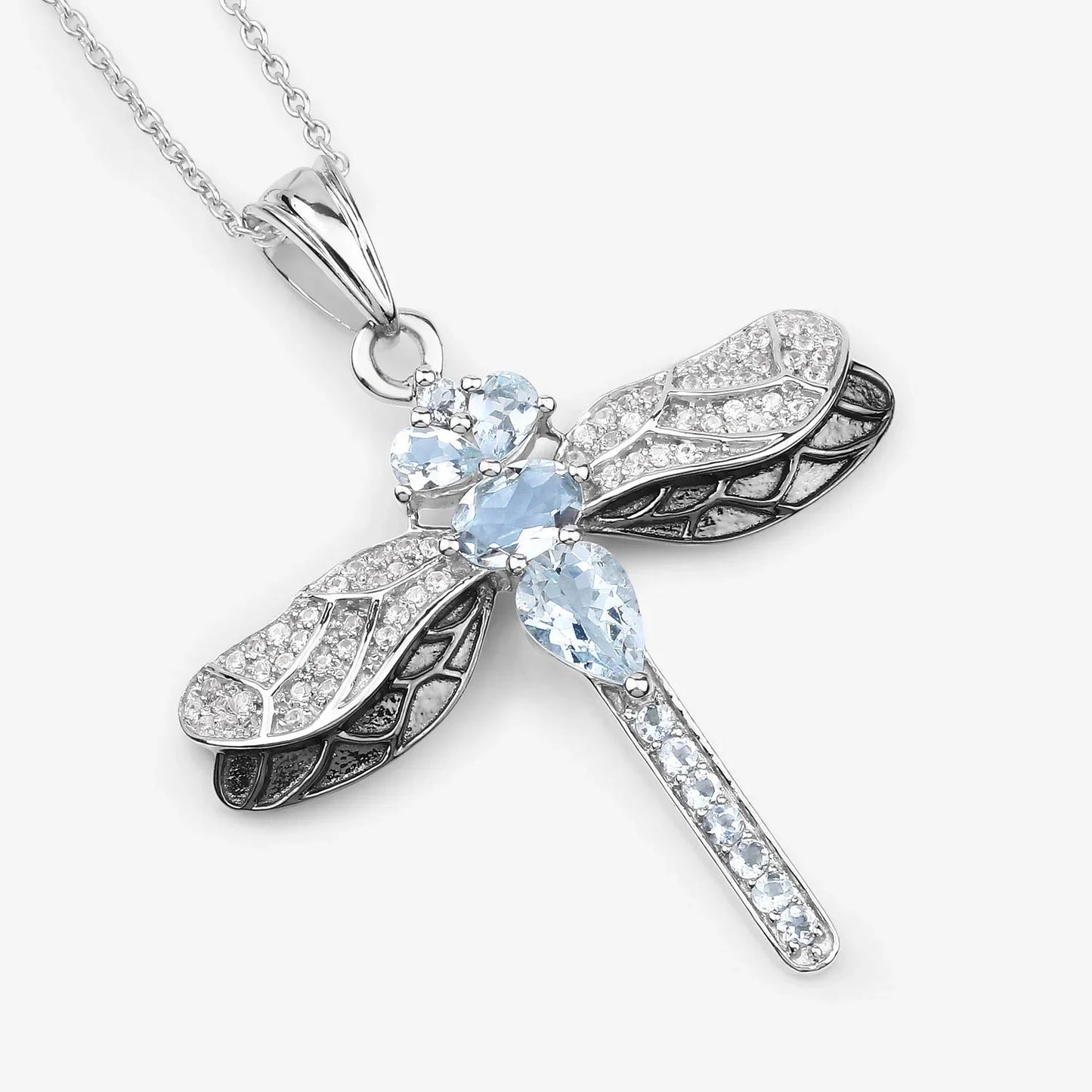 1.86 Ct Blue Aquamarine Prong Sterling Silver Dragonfly Pendant Cable Chain Necklace