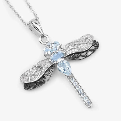 1.86 Ct Blue Aquamarine Prong Sterling Silver Dragonfly Pendant Cable Chain Necklace