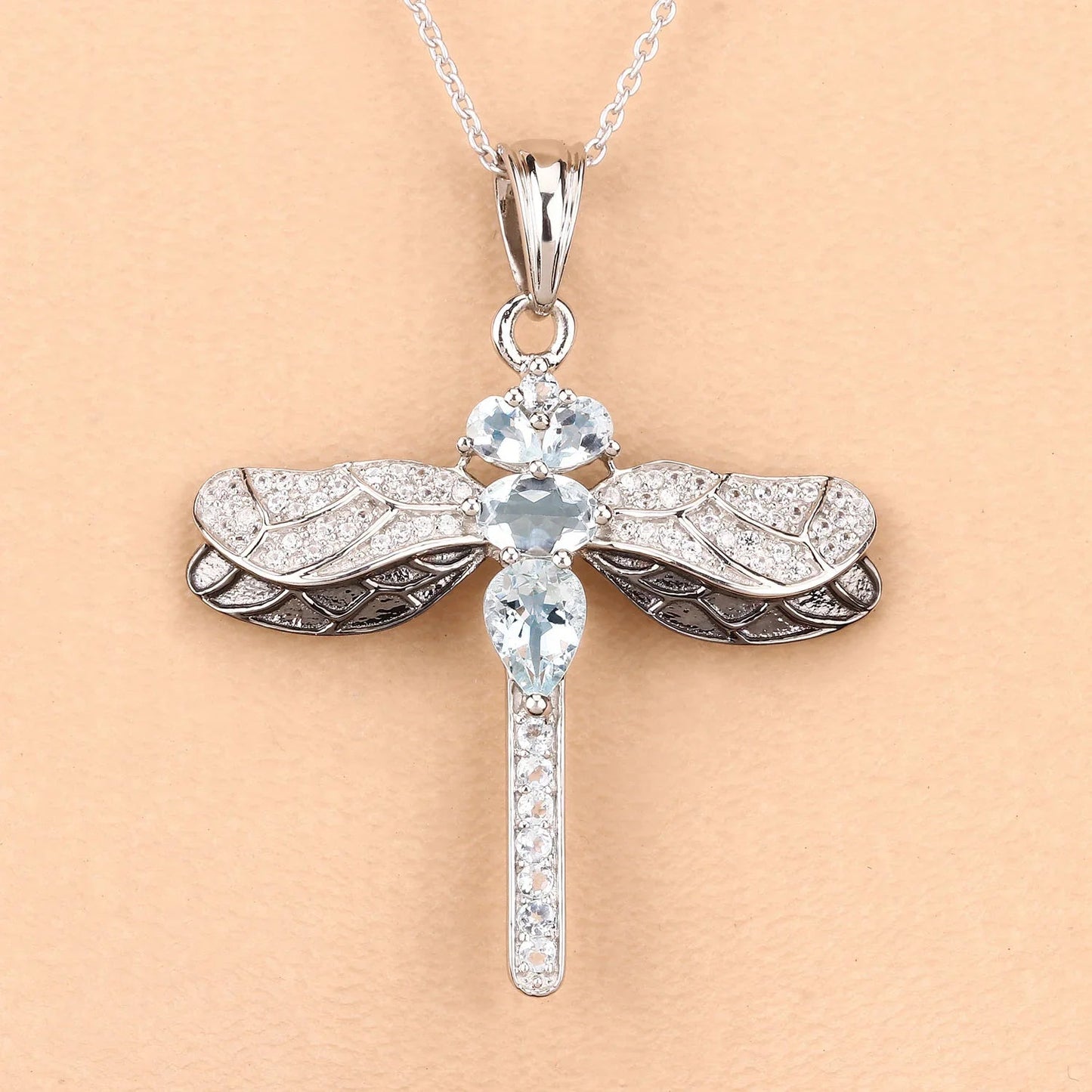 1.86 Ct Blue Aquamarine Prong Sterling Silver Dragonfly Pendant Cable Chain Necklace