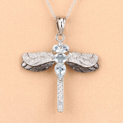 1.86 Ct Blue Aquamarine Prong Sterling Silver Dragonfly Pendant Cable Chain Necklace