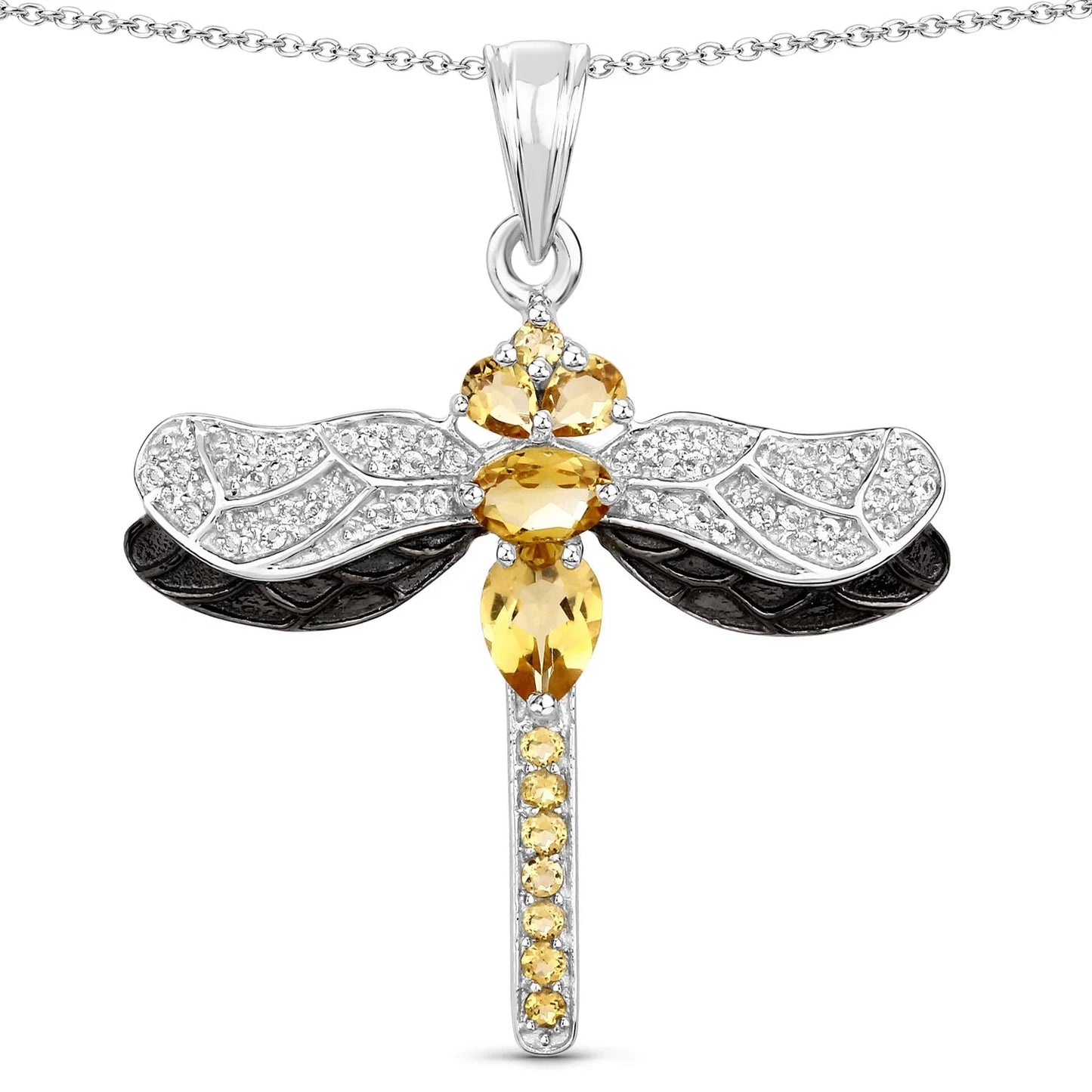 1.79 Ct Yellow Citrine Prong Sterling Silver Dragonfly Pendant Cable Chain Necklace