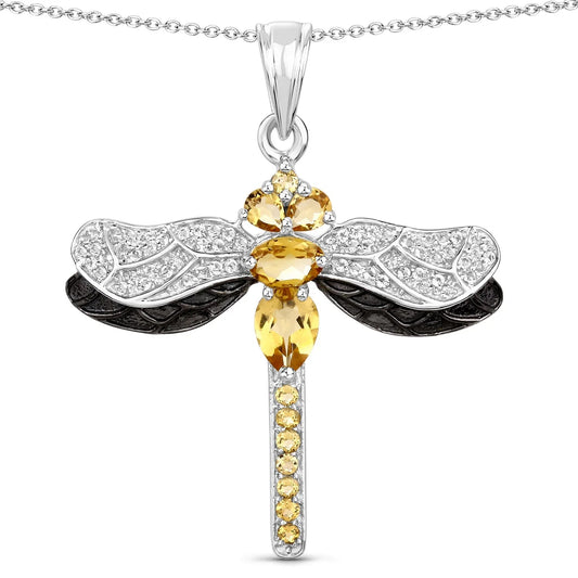 1.79 Ct Yellow Citrine Prong Sterling Silver Dragonfly Pendant Cable Chain Necklace