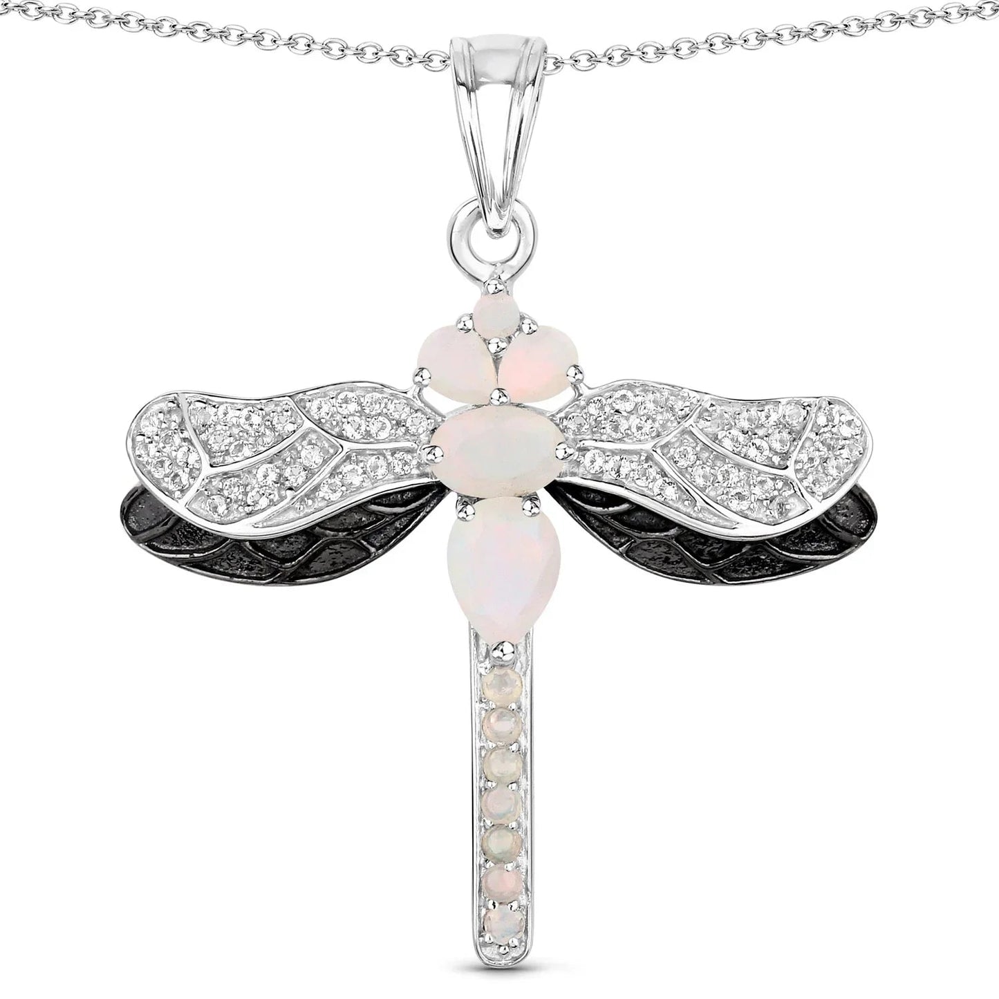 1.41 Ct White Ethiopian Opal Prong Silver Dragonfly Pendant Cable Chain Necklace