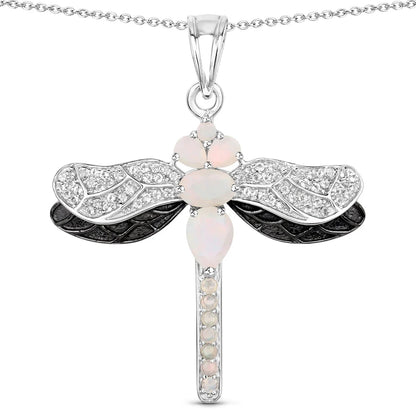 1.41 Ct White Ethiopian Opal Prong Silver Dragonfly Pendant Cable Chain Necklace
