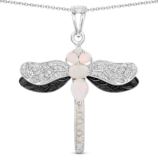 1.41 Ct White Ethiopian Opal Prong Silver Dragonfly Pendant Cable Chain Necklace