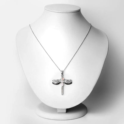 1.41 Ct White Ethiopian Opal Prong Silver Dragonfly Pendant Cable Chain Necklace