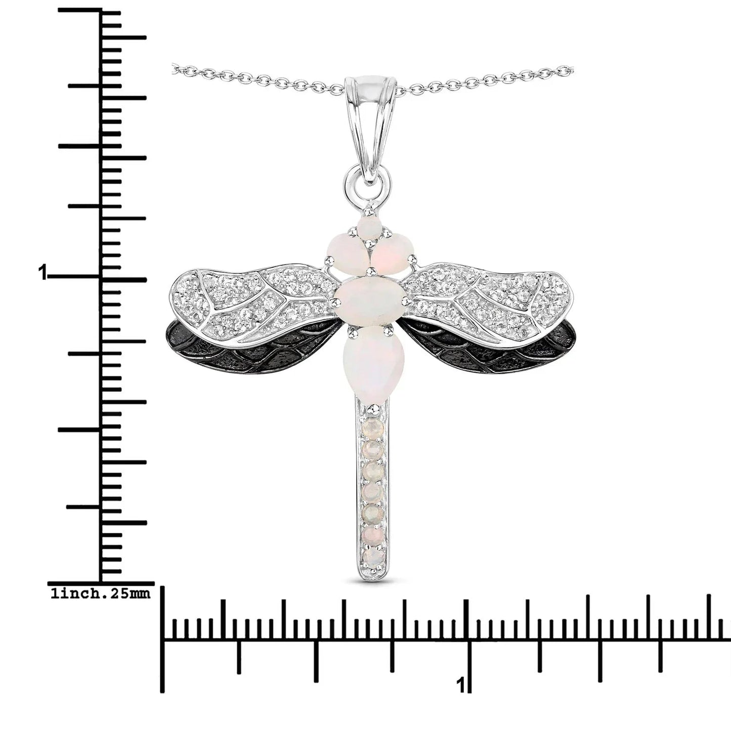 1.41 Ct White Ethiopian Opal Prong Silver Dragonfly Pendant Cable Chain Necklace
