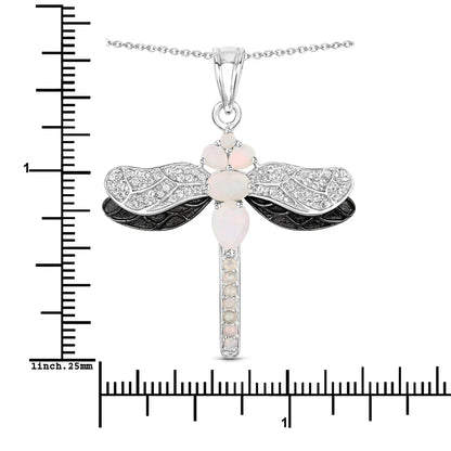 1.41 Ct White Ethiopian Opal Prong Silver Dragonfly Pendant Cable Chain Necklace
