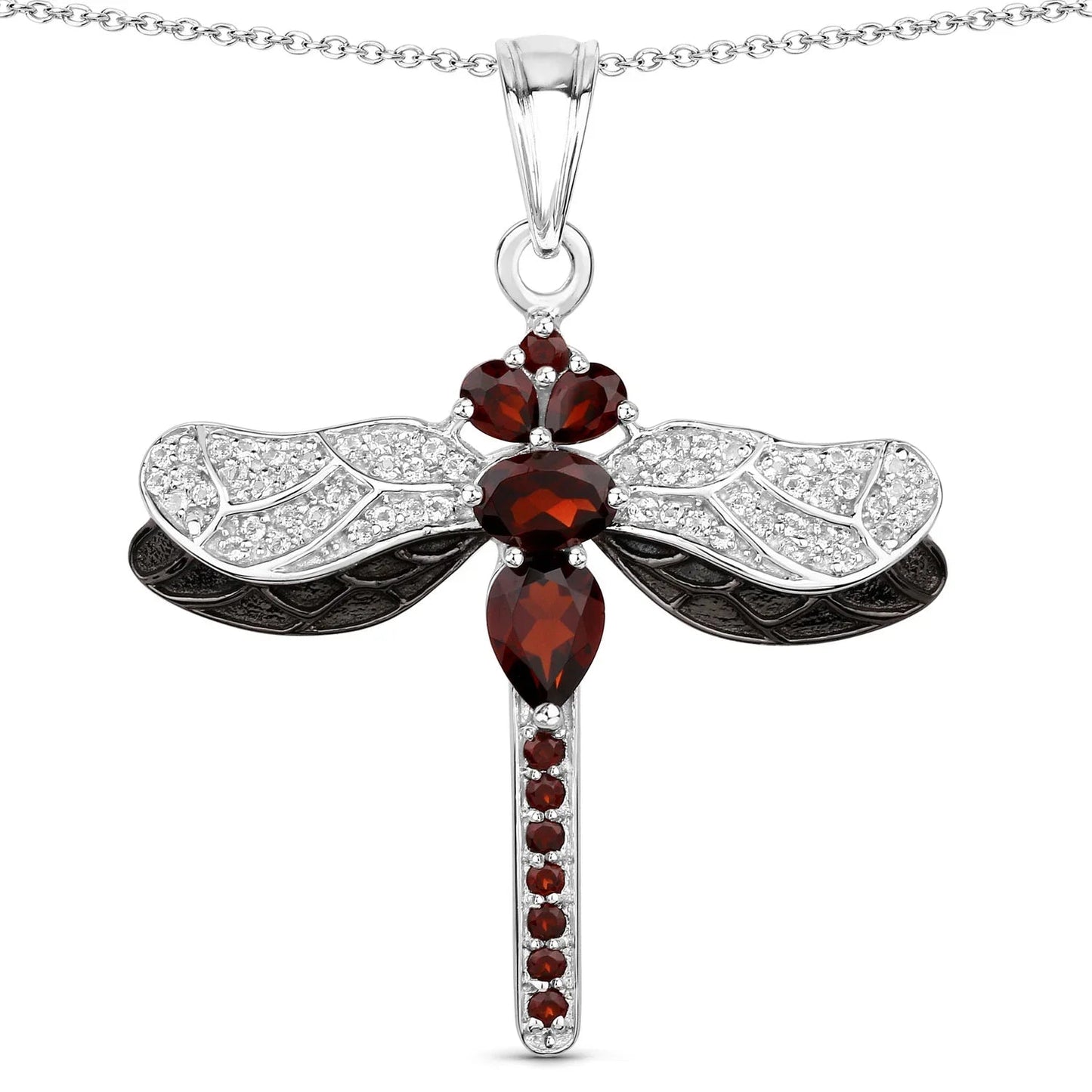 2.29 Ct Red Garnet Prong Silver Dragonfly Pendant Cable Chain Necklace