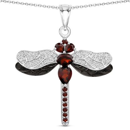 2.29 Ct Red Garnet Prong Silver Dragonfly Pendant Cable Chain Necklace