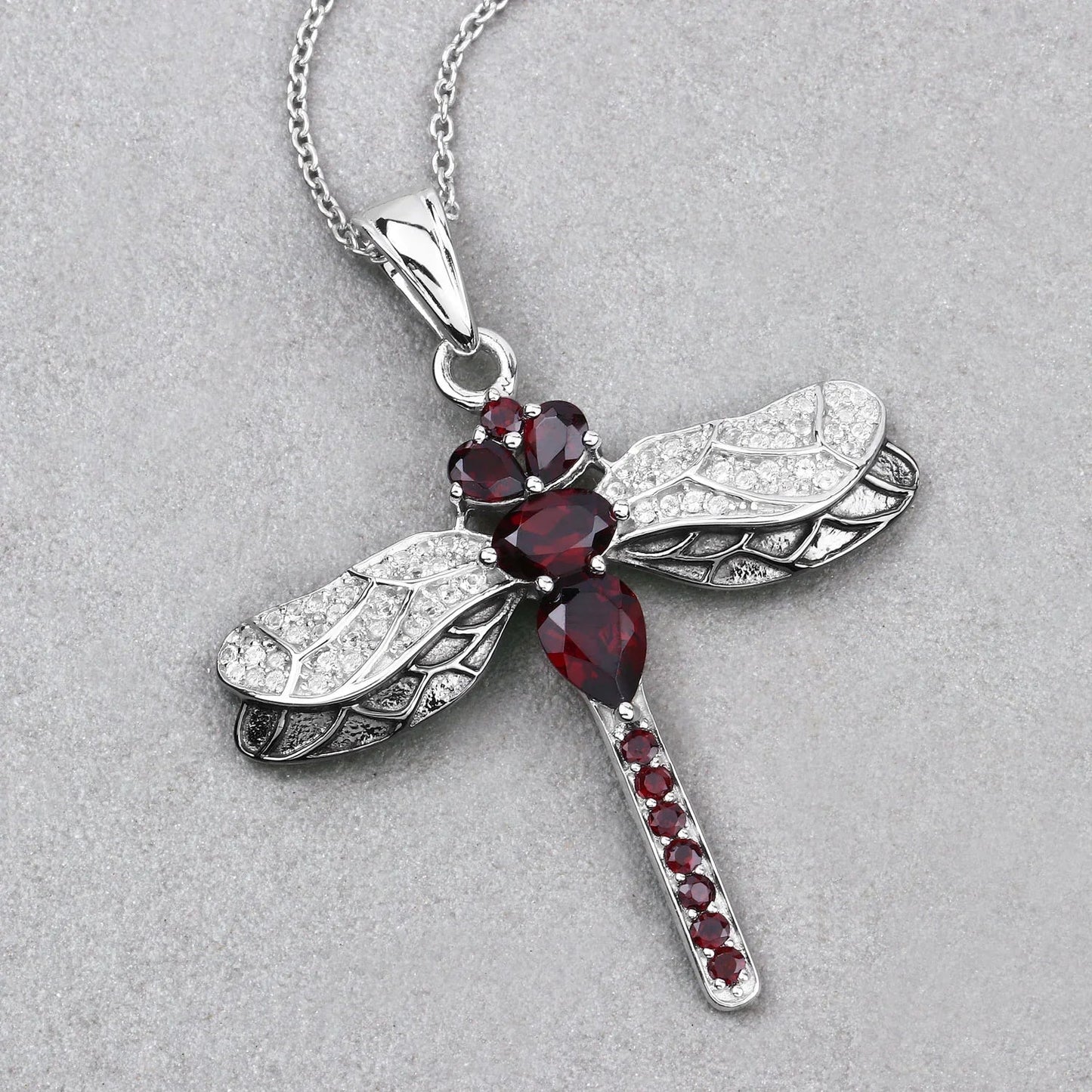 2.29 Ct Red Garnet Prong Silver Dragonfly Pendant Cable Chain Necklace
