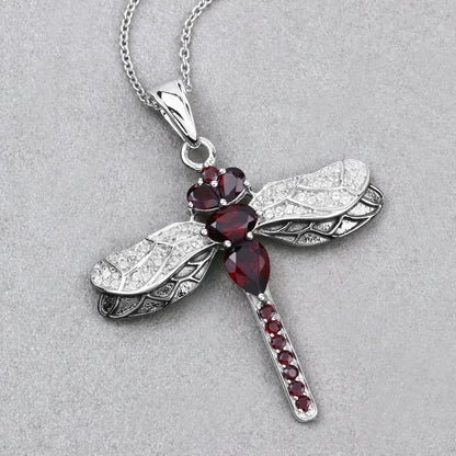2.29 Ct Red Garnet Prong Silver Dragonfly Pendant Cable Chain Necklace