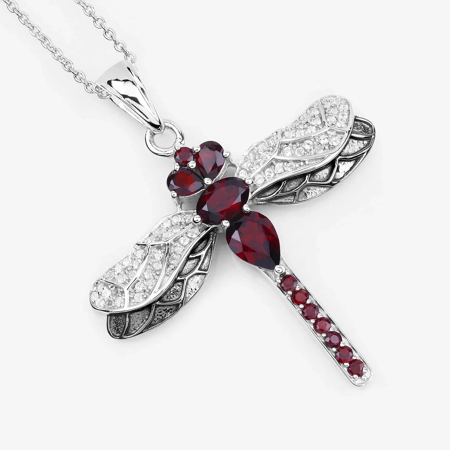 2.29 Ct Red Garnet Prong Silver Dragonfly Pendant Cable Chain Necklace