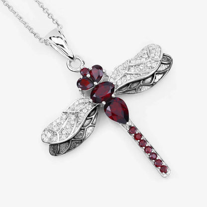 2.29 Ct Red Garnet Prong Silver Dragonfly Pendant Cable Chain Necklace