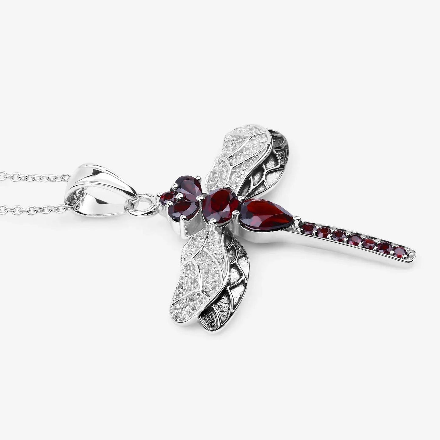 2.29 Ct Red Garnet Prong Silver Dragonfly Pendant Cable Chain Necklace