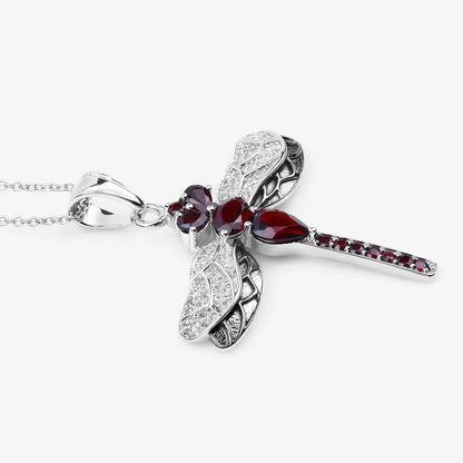 2.29 Ct Red Garnet Prong Silver Dragonfly Pendant Cable Chain Necklace