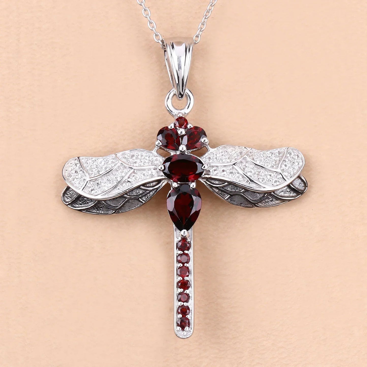 2.29 Ct Red Garnet Prong Silver Dragonfly Pendant Cable Chain Necklace