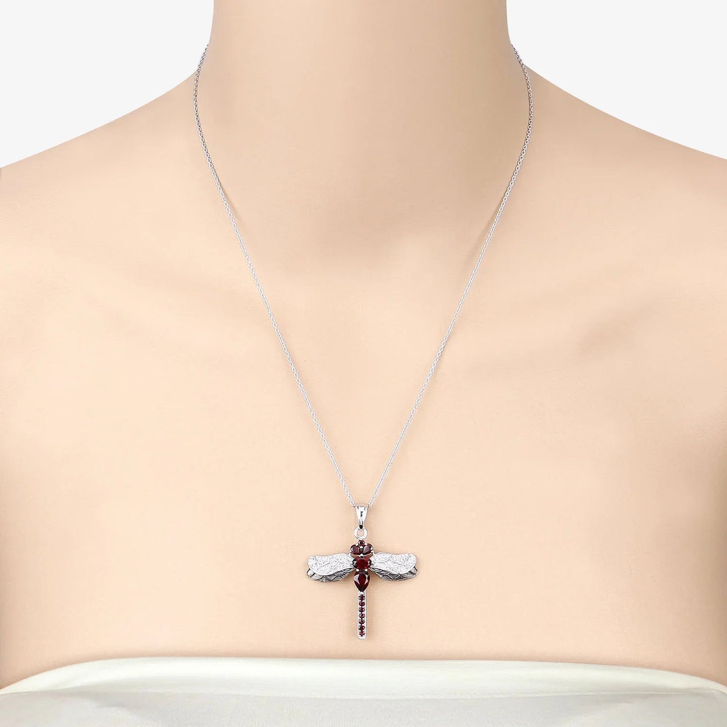 2.29 Ct Red Garnet Prong Silver Dragonfly Pendant Cable Chain Necklace
