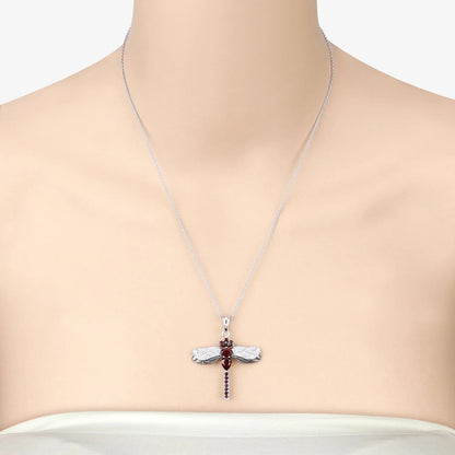 2.29 Ct Red Garnet Prong Silver Dragonfly Pendant Cable Chain Necklace