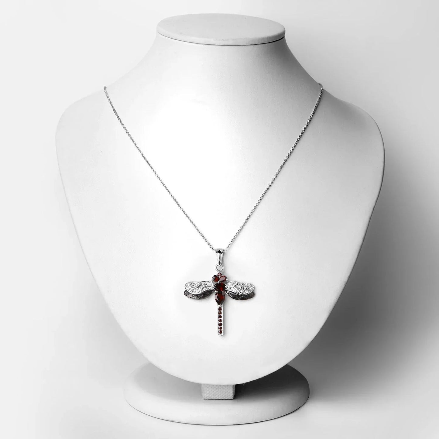 2.29 Ct Red Garnet Prong Silver Dragonfly Pendant Cable Chain Necklace