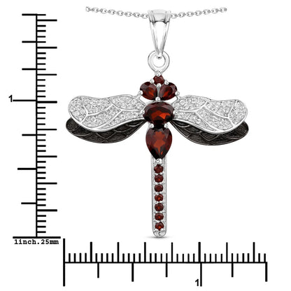 2.29 Ct Red Garnet Prong Silver Dragonfly Pendant Cable Chain Necklace