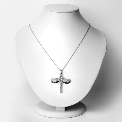 1.95 Ct Multi-Stone Prong Silver Dragonfly Pendant Cable Chain Necklace