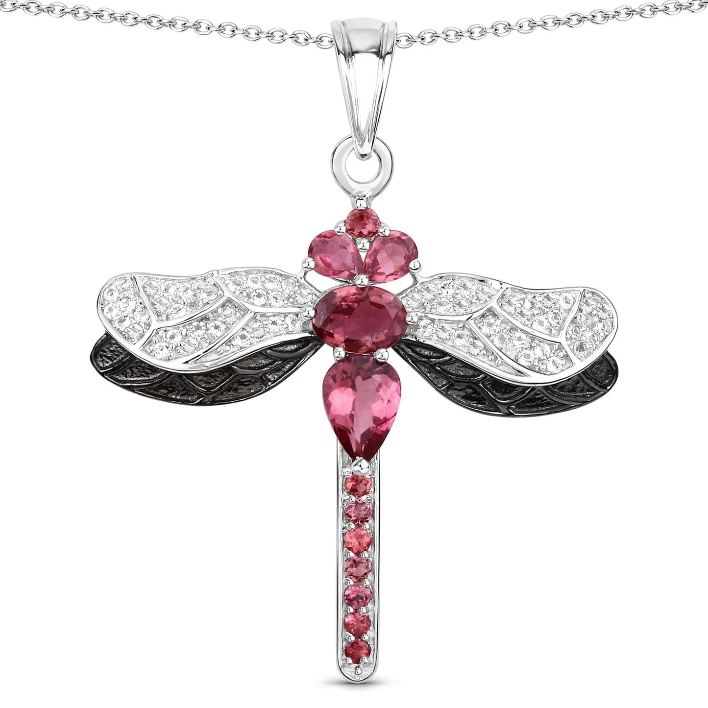 1.94 Ct Pink Tourmaline Prong Silver Dragonfly Pendant Cable Chain Necklace