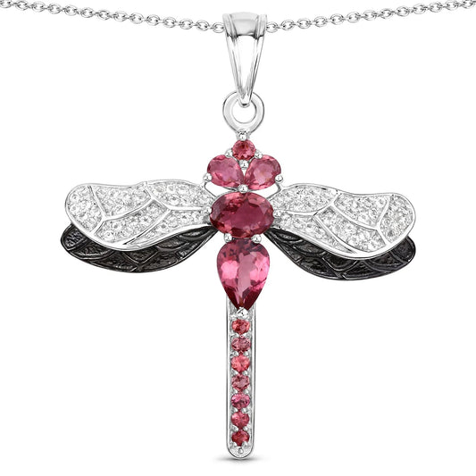 1.94 Ct Pink Tourmaline Prong Silver Dragonfly Pendant Cable Chain Necklace