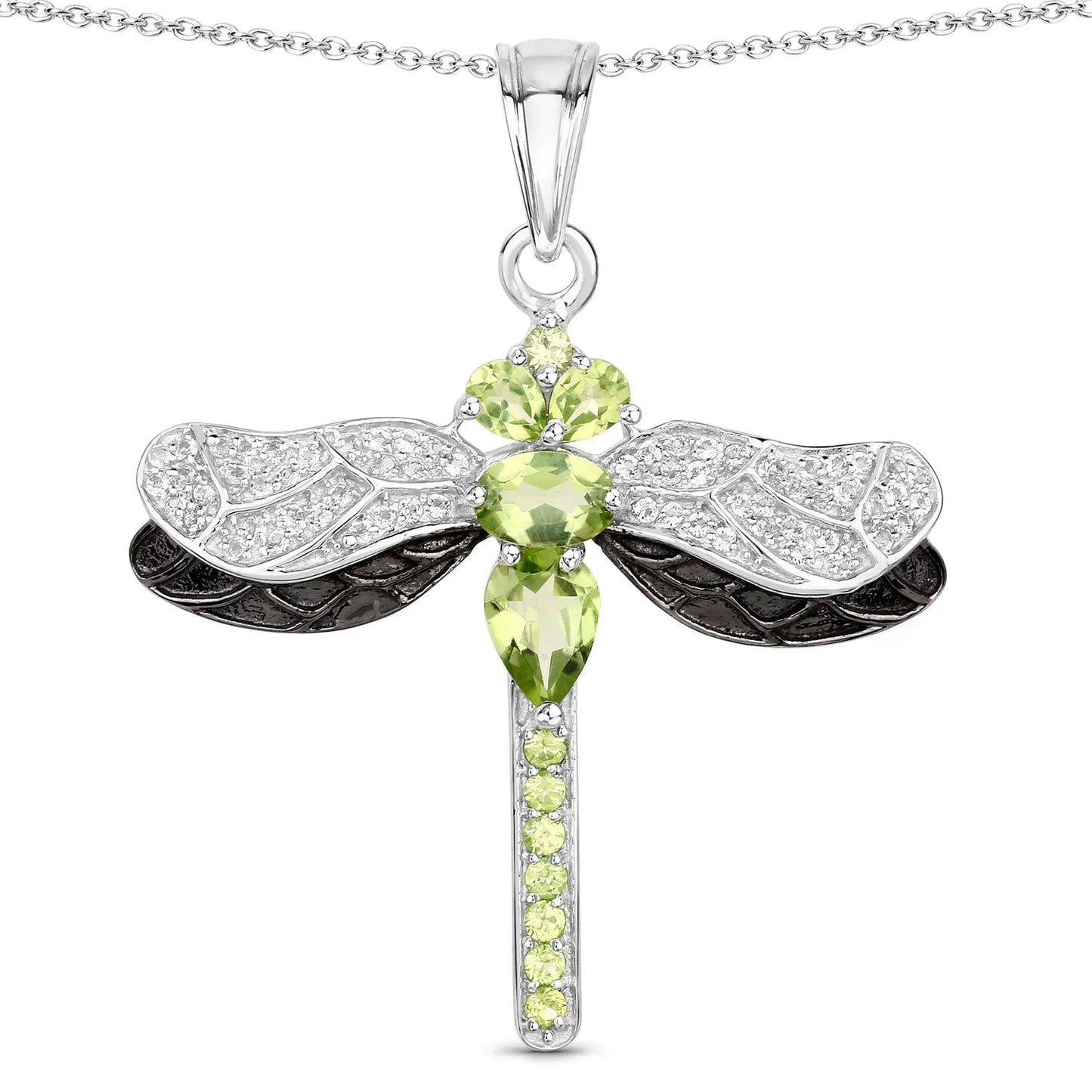 1.98 Ct Green Peridot Prong Sterling Silver Dragonfly Pendant Cable Chain Necklace