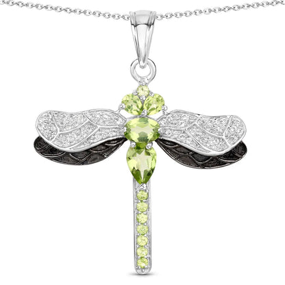 1.98 Ct Green Peridot Prong Sterling Silver Dragonfly Pendant Cable Chain Necklace