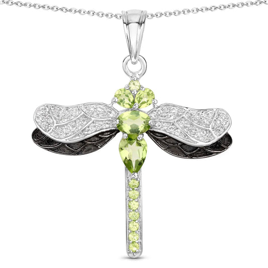 1.98 Ct Green Peridot Prong Sterling Silver Dragonfly Pendant Cable Chain Necklace
