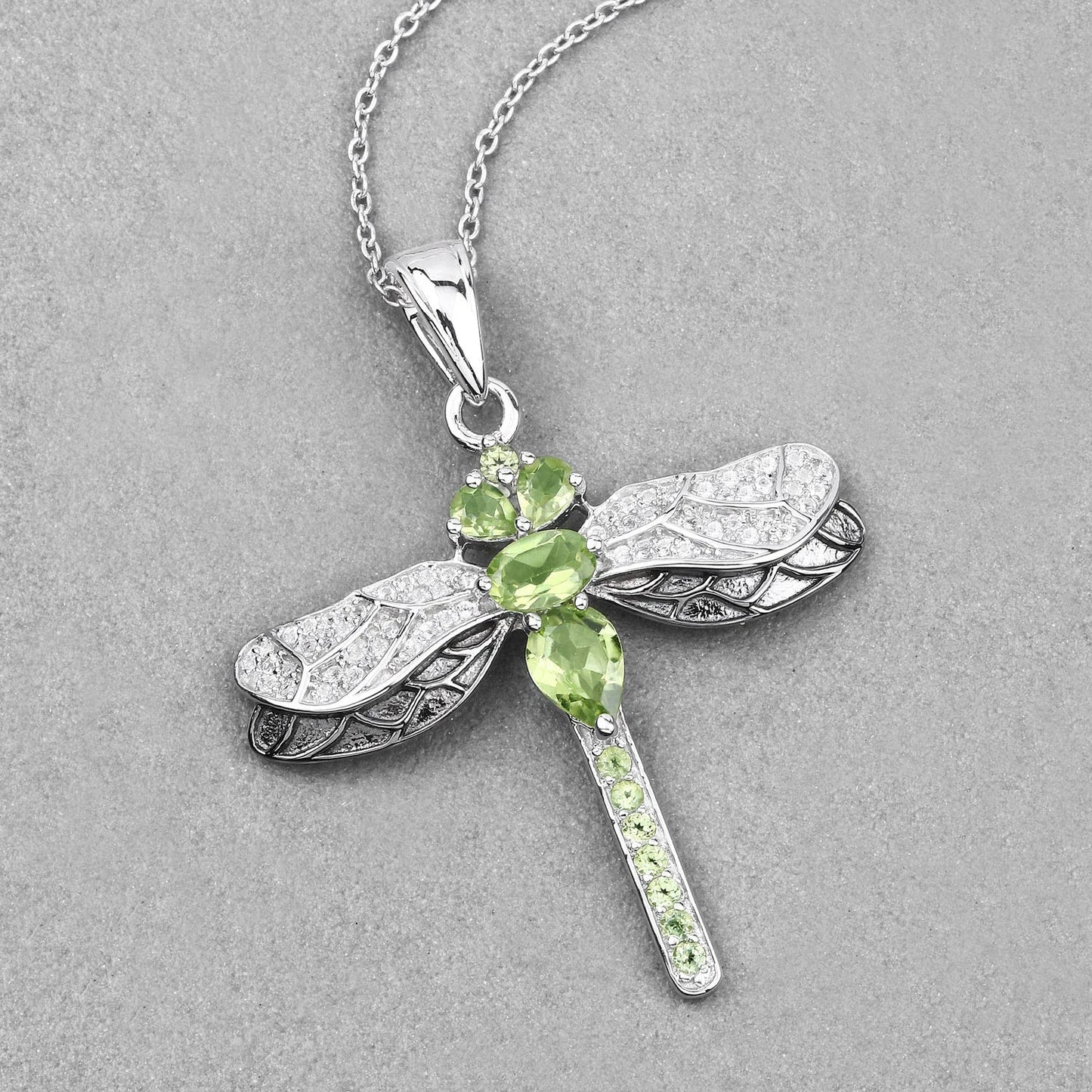 1.98 Ct Green Peridot Prong Sterling Silver Dragonfly Pendant Cable Chain Necklace
