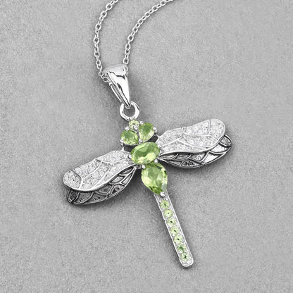 1.98 Ct Green Peridot Prong Sterling Silver Dragonfly Pendant Cable Chain Necklace