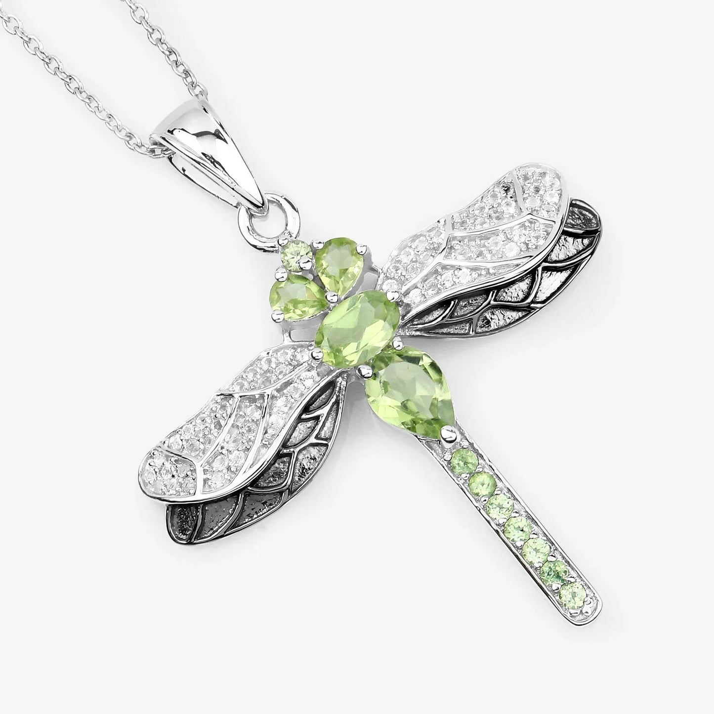 1.98 Ct Green Peridot Prong Sterling Silver Dragonfly Pendant Cable Chain Necklace