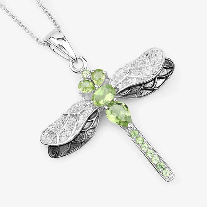 1.98 Ct Green Peridot Prong Sterling Silver Dragonfly Pendant Cable Chain Necklace