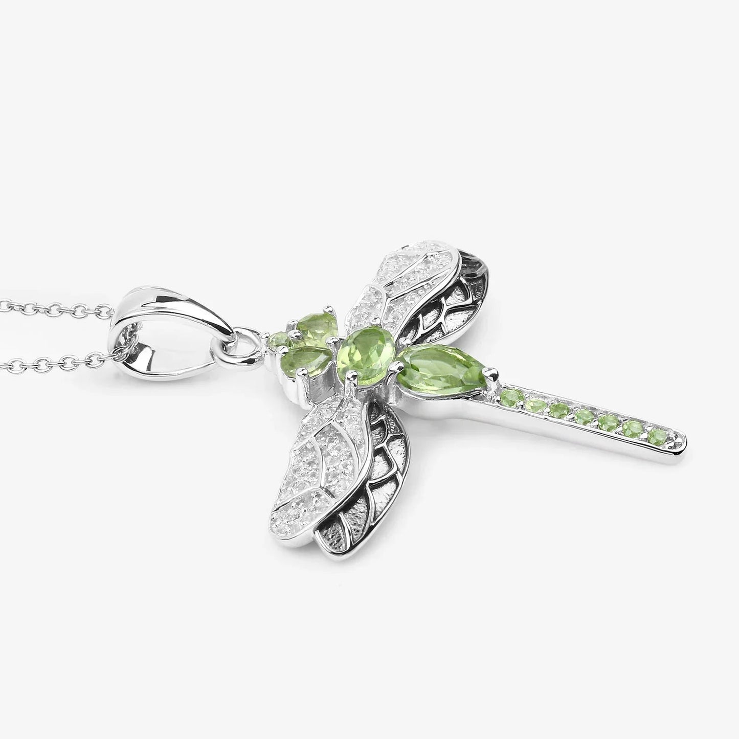 1.98 Ct Green Peridot Prong Sterling Silver Dragonfly Pendant Cable Chain Necklace