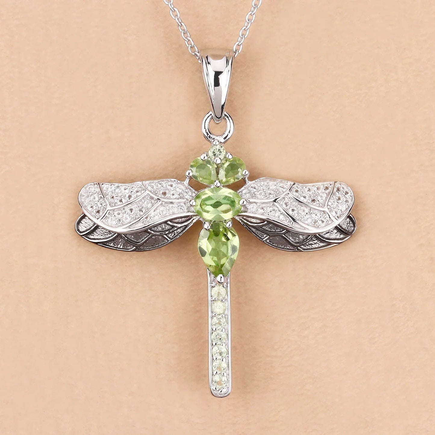 1.98 Ct Green Peridot Prong Sterling Silver Dragonfly Pendant Cable Chain Necklace