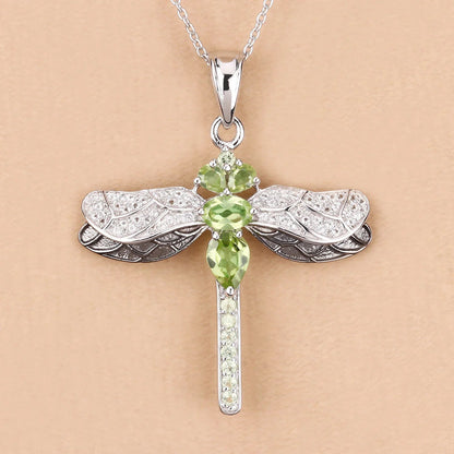 1.98 Ct Green Peridot Prong Sterling Silver Dragonfly Pendant Cable Chain Necklace