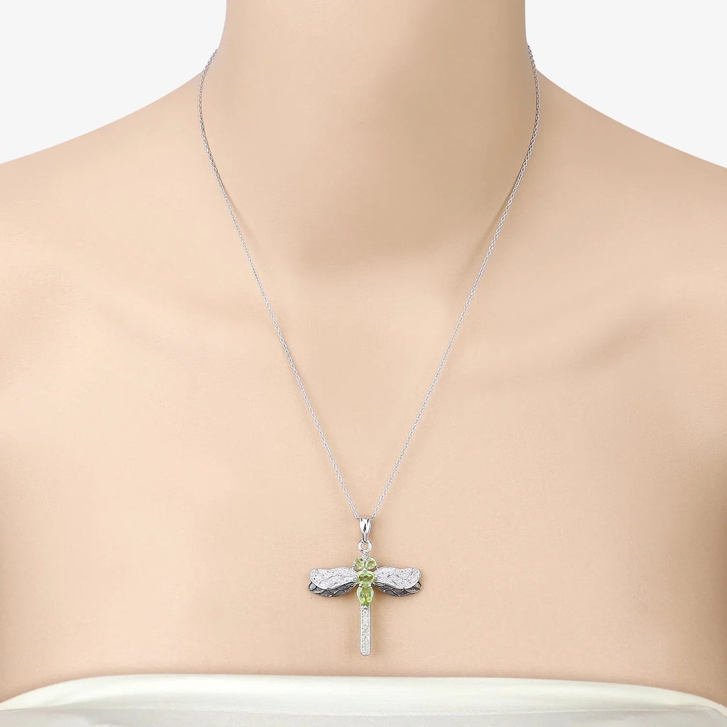 1.98 Ct Green Peridot Prong Sterling Silver Dragonfly Pendant Cable Chain Necklace