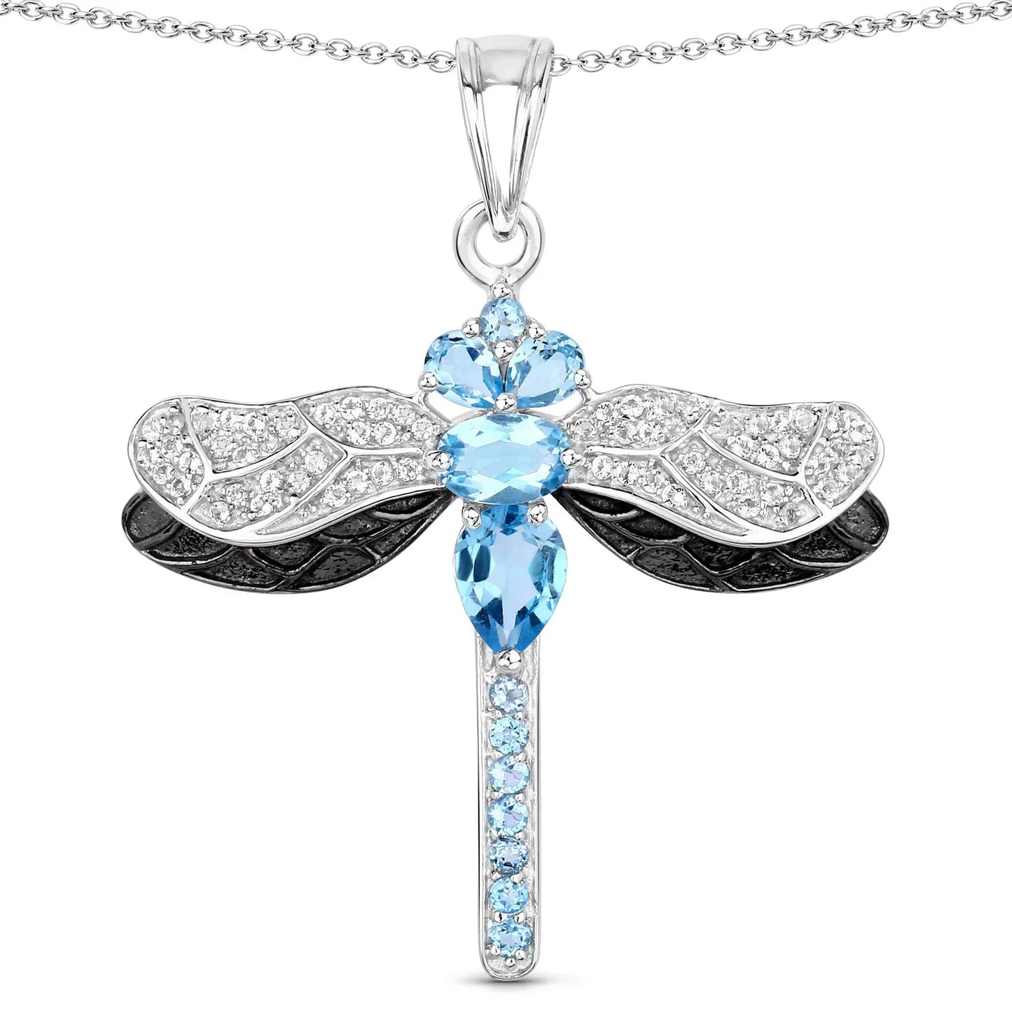 2.30 Ct Swiss Blue Topaz Prong Silver Dragonfly Pendant Cable Chain Necklace