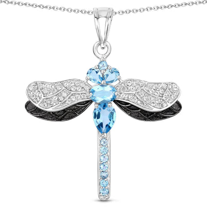 2.30 Ct Swiss Blue Topaz Prong Silver Dragonfly Pendant Cable Chain Necklace