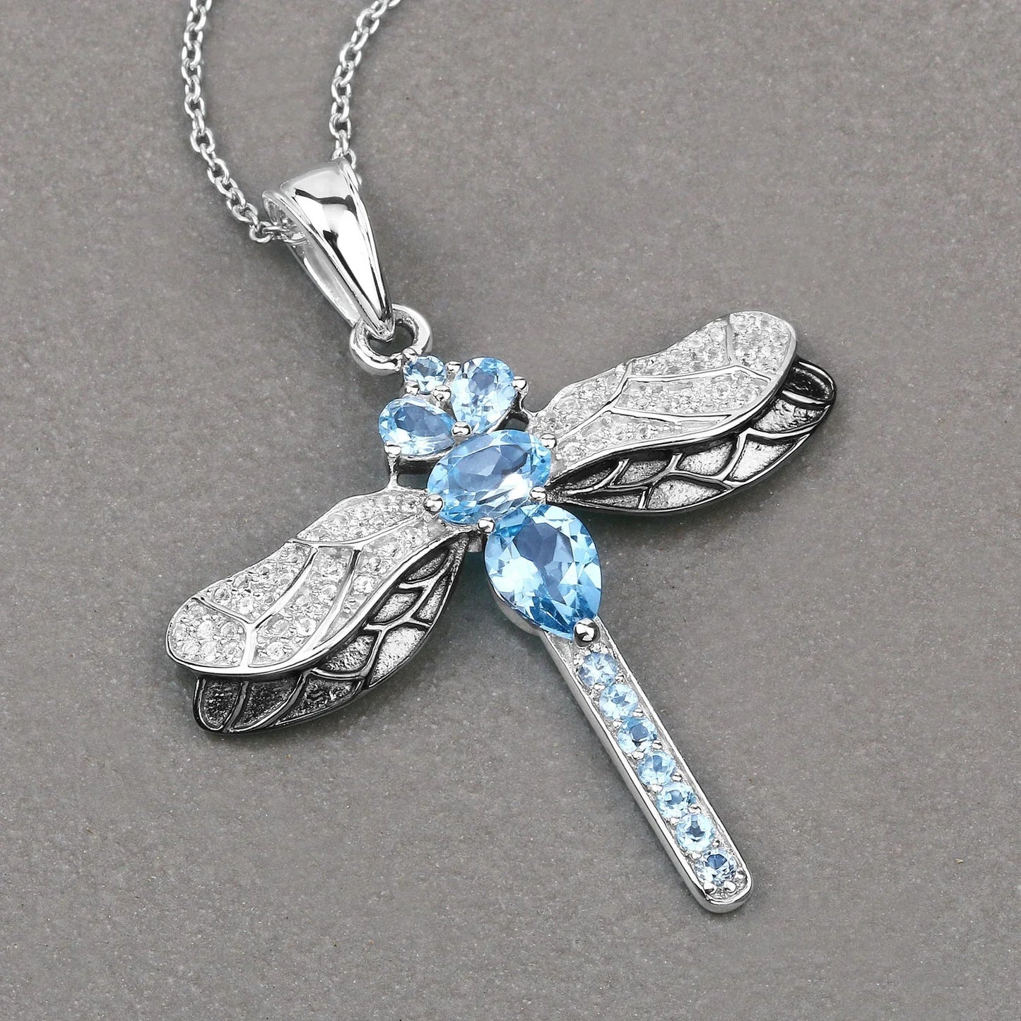 2.30 Ct Swiss Blue Topaz Prong Silver Dragonfly Pendant Cable Chain Necklace