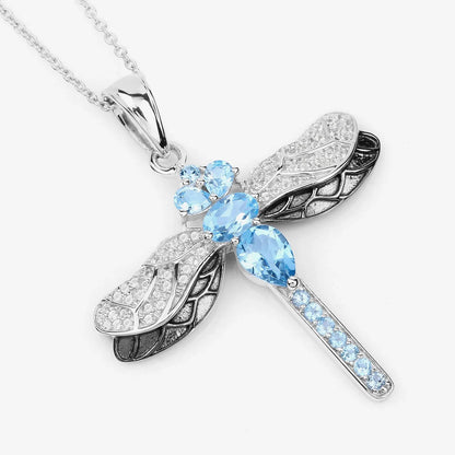 2.30 Ct Swiss Blue Topaz Prong Silver Dragonfly Pendant Cable Chain Necklace