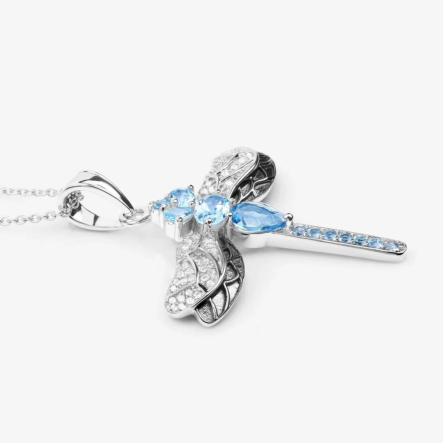2.30 Ct Swiss Blue Topaz Prong Silver Dragonfly Pendant Cable Chain Necklace