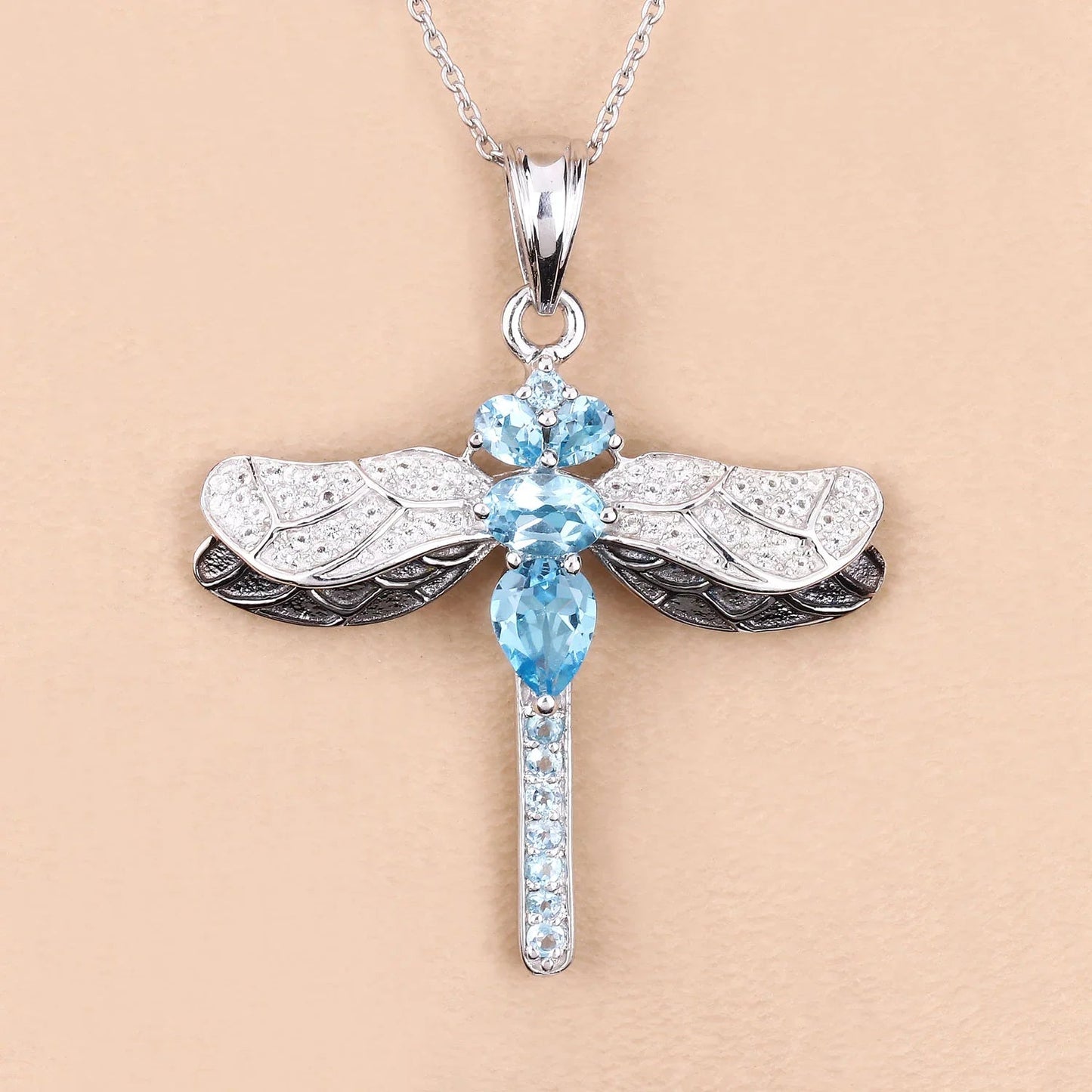 2.30 Ct Swiss Blue Topaz Prong Silver Dragonfly Pendant Cable Chain Necklace