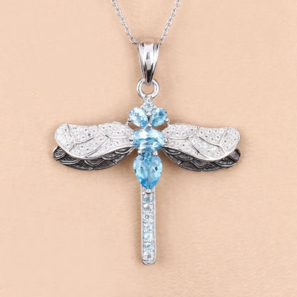 2.30 Ct Swiss Blue Topaz Prong Silver Dragonfly Pendant Cable Chain Necklace