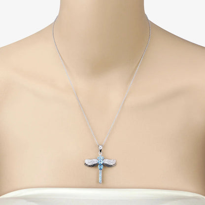 2.30 Ct Swiss Blue Topaz Prong Silver Dragonfly Pendant Cable Chain Necklace
