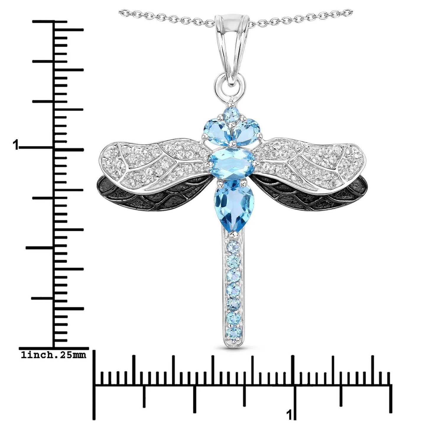 2.30 Ct Swiss Blue Topaz Prong Silver Dragonfly Pendant Cable Chain Necklace